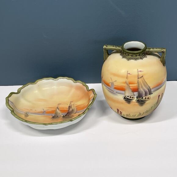 Old Noritake Handpainted Vase & Dish Sailing Ship Windmill Japan - Picture 2 of 16